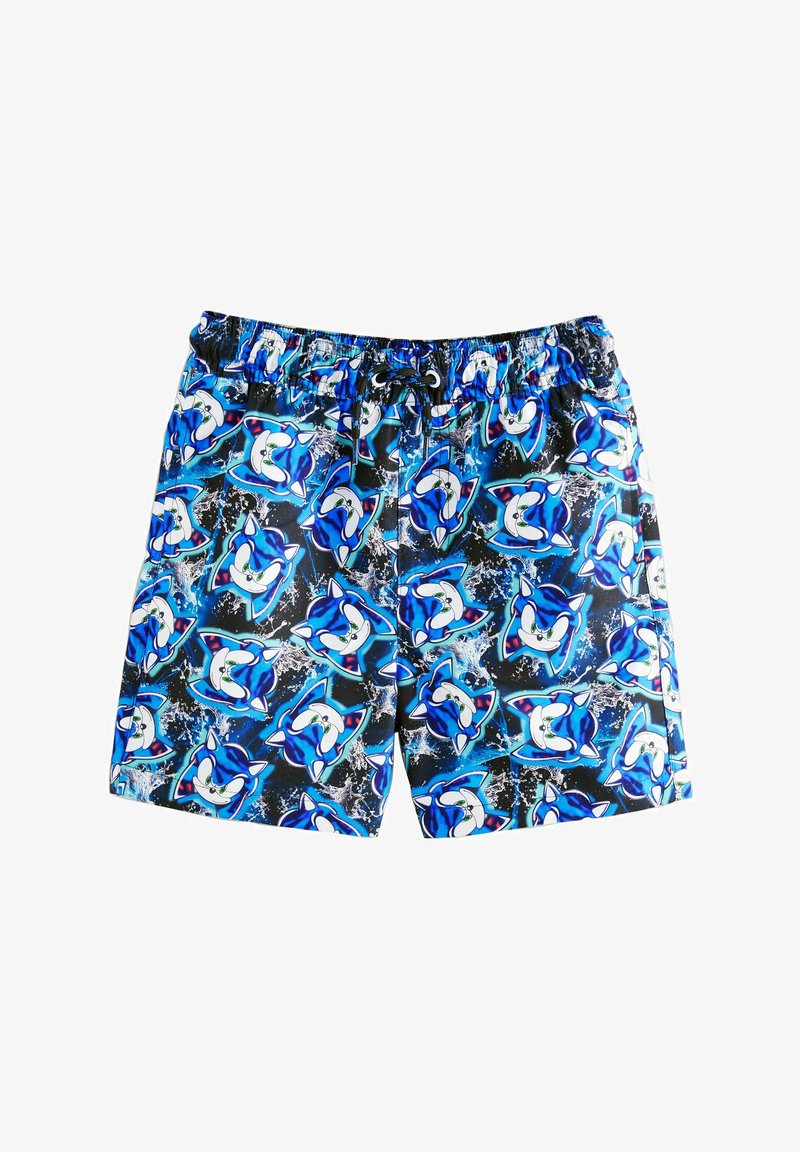 Blå og sorte badeshorts med elastisk talje og snøre, dækket af gentagne tegneserieagtige blå pindsvineansigter på en baggrund med sprøjtmønster.