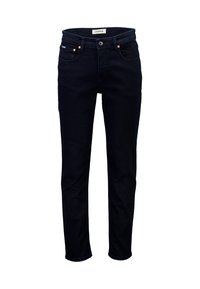Jeans de mezclilla azul oscuro con corte slim, que incluyen una cremallera, cinco bolsillos y detalles en cobre contrastantes.