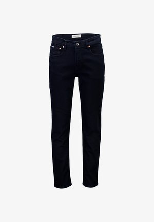 Jeans in denim blu scuro, con una vestibilità slim, dotati di chiusura con zip, cinque tasche e dettagli in rame contrastanti.