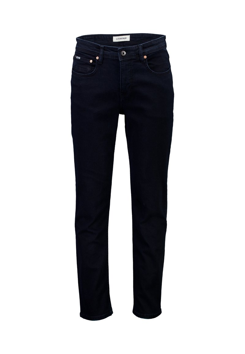 Jeans de mezclilla azul oscuro con corte slim, que incluyen una cremallera, cinco bolsillos y detalles en cobre contrastantes.