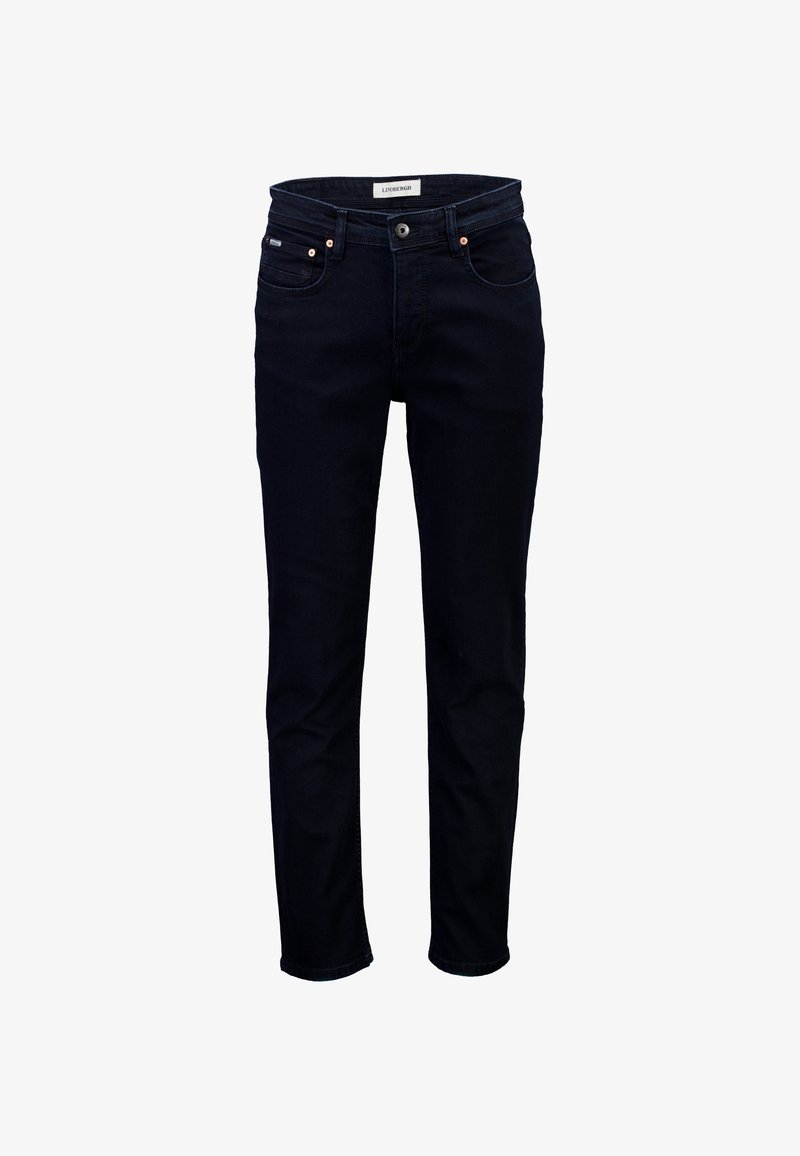 Tummansinisiä farkkuja, joissa on kapea fit, vetoketjukiinnitys, viisi taskua ja kontrastisia kuparinvärisiä yksityiskohtia.