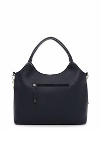 Granatowa skórzana torebka o fakturowanej powierzchni, z zaokrąglonym górnym brzegiem, dwoma uchwytami oraz przednią kieszenią na suwak dla bezpiecznego przechowywania.