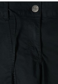 Close-up of black pants showing button, waistband, belt loop, zipper area, and detailed stitching.