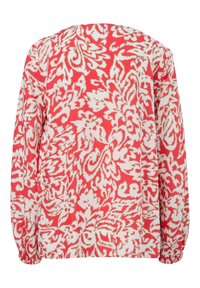Blusa a maniche lunghe con un motivo floreale rosso e bianco, vestibilità comoda, con maniche arricciate e una texture del tessuto liscia.