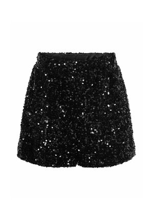Mini-jupe noire couverte de sequins brillants avec une taille ajustée et un léger évasement à l'ourlet.