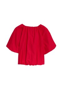 Blouse rouge ample avec manches larges trois-quarts et encolure et ourlet élastiqués froncés.