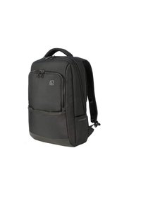 Zaino nero realizzato in tessuto durevole con un design strutturato. Presenta diversi scomparti con zip e spallacci imbottiti.