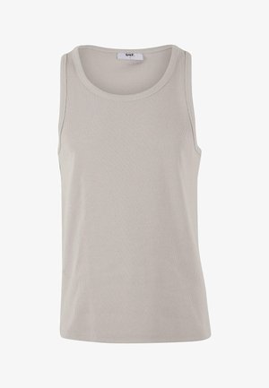Canottiera grigia chiaro a coste con scollatura rotonda e design senza maniche. Presenta un tessuto morbido e texturizzato e orlo dritto.