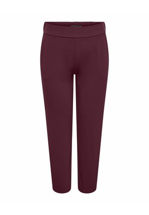 Pantaloni da donna slim-fit, alla caviglia, di colore bordeaux scuro con vita piatta e senza tasche o decorazioni visibili.