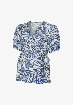 Ziedu apvalks augšpusē baltā audumā ar zilu ziedu rakstu. V-veida kakla izgriezums, īsas pūkainas piedurknes un pielāgojams jostas siksniņa, lai nodrošinātu labāku piegulšanu. Viegls audums.