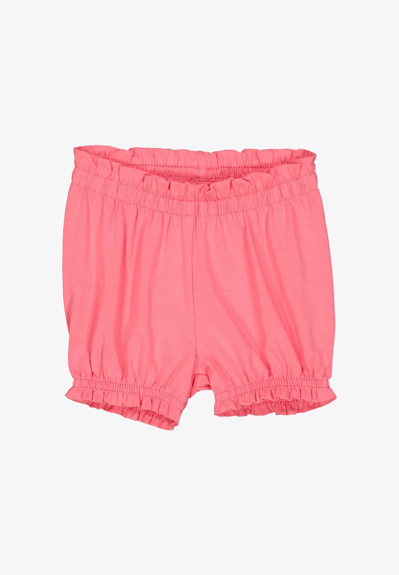Růžové bavlněné šortky s nařaseným elastickým pasem a volánkovým lemem. Měkká látka s lehkým, neformálním stylem, navržená pro pohodlí.