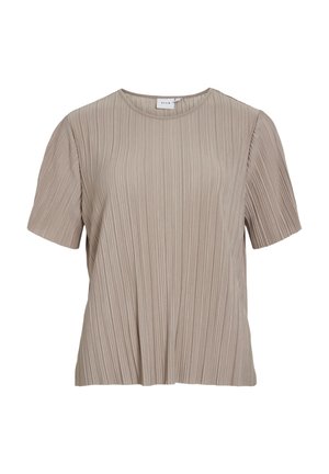 Beež lühikeste varrukatega pluus vertikaalsete voldidega, ümara kaelusega ja lahtise istuvusega.