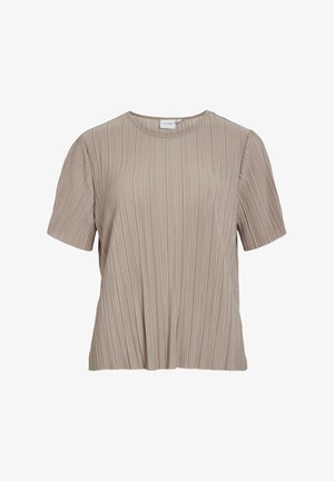 Beež lühikeste varrukatega pluus vertikaalsete voldidega, ümara kaelusega ja lahtise istuvusega.