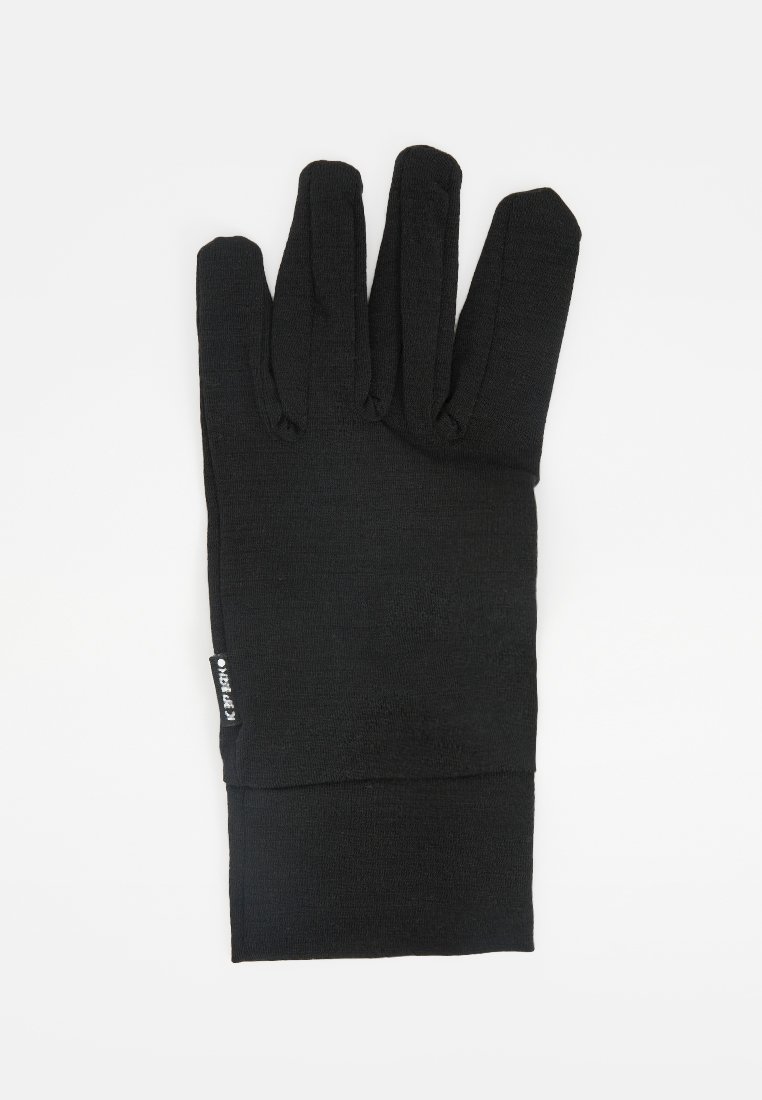 Schwarze Winterhandschuhe mit fünf Fingern, glatter Textur, gestricktem Material und einem Logolabel am Handgelenk. Leicht und passgenau.