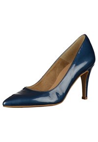 Escarpin à talon haut en cuir bleu marine brillant avec embout pointu et doublure intérieure beige sur fond blanc.