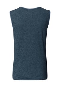 Haut de sport sans manches bleu foncé avec bordure bleu clair le long du col et des emmanchures, vu de dos.