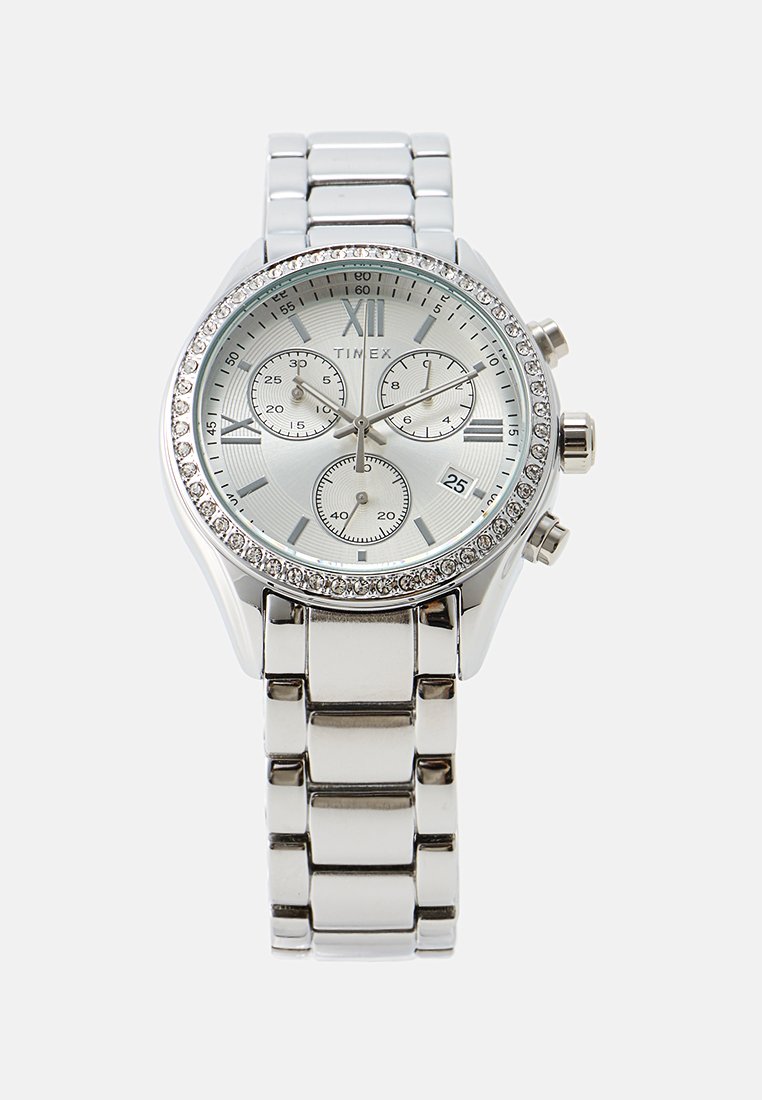 Orologio in acciaio inox argento con quadrante rotondo, lunetta in cristallo, quadrante testurizzato, numero romano XII, tre sub-quadranti e funzione data.
