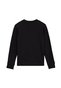 Mustat pitkät hihat -paita, joka on valmistettu pehmeästä kankaasta. Siinä on pyöreä kaula-aukko, ribbikujat ja yksinkertainen, sileä pinta ilman kuvioita tai koristeita.