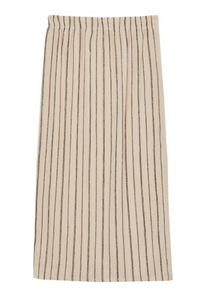 Gonna beige chiaro con strisce verticali marrone scuro, vita elastica, lunghezza al ginocchio, texture liscia, design semplice, senza ulteriori decorazioni.