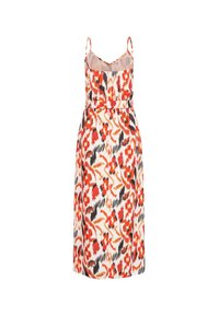 Maximekkok dress in floral pattern with hues of red, orange, and black. Light, textured fabric with thin straps and a fitted waist.