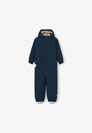 Mono de nieve para niños en azul marino, con capucha, puños elásticos y agarres en los tobillos. Cuenta con un cierre de cremallera frontal completo y un interior beige en contraste.