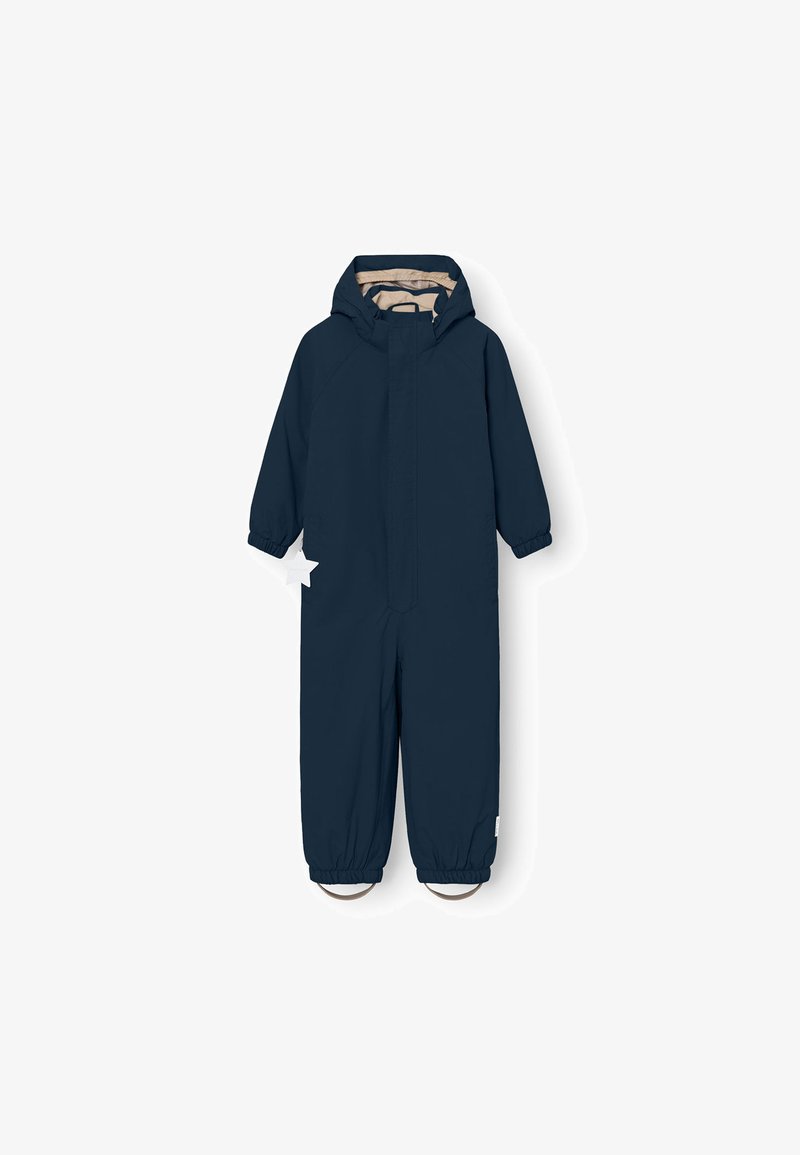 Dunkelblauer Kinder-Schneeanzug mit Kapuze, elastischen Bündchen und Fußklammern. Verfügt über einen durchgehenden Reißverschluss vorne und einen kontrastierenden beigen Innenfutter.