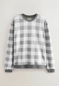 Grau-weißer karierter Sweatshirt, mit langen Ärmeln, rundem Halsausschnitt und kontrastierendem grauem Rippbund und -bündchen. Weiche Textur.