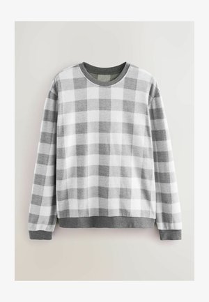 Grå og hvidternet sweatshirt med lange ærmer, rund halsudskæring og en kontrastfarvet grå ribbet kant og manchetter. Blød tekstur.