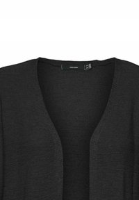 Cardigan nero realizzato in un materiale a maglia texturizzato. Presenta un'ampia apertura a V e nessun bottone, permettendo una vestibilità rilassata.