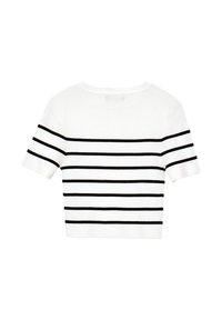 Maglione cropped a maniche corte di colore bianco con strisce orizzontali nere. Tessuto a coste, scollatura rotonda e orlo rifinito.