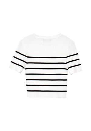 Maglione cropped a maniche corte di colore bianco con strisce orizzontali nere. Tessuto a coste, scollatura rotonda e orlo rifinito.
