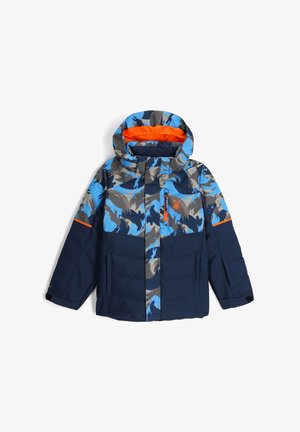 Padded jacket with a blue, gray, and orange color scheme. Features a hood, zippered front, and camouflage pattern on the upper section.