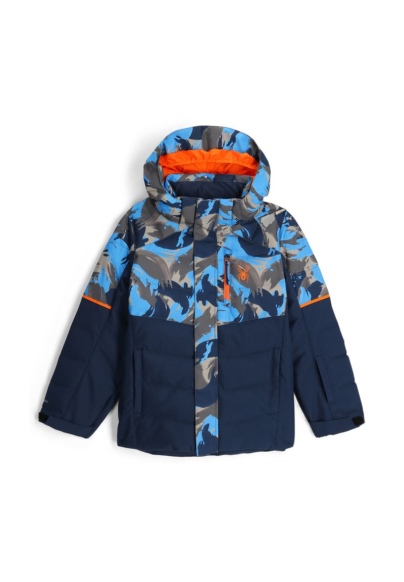 Padded Jacke mit einem blau, grau und orangefarbenen Farbschema. Verfügt über eine Kapuze, einen durchgängigen Reißverschluss und ein Camouflage-Muster im oberen Bereich.