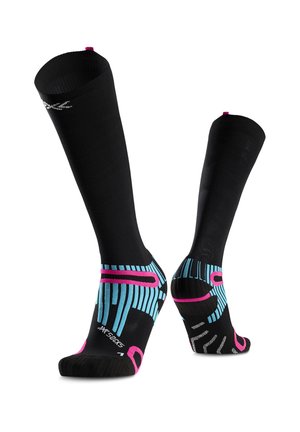 Zwarte kniehoge compressiekousen met blauwe en roze anatomische ondersteuningspatronen en witte merktext op voet en kuit.