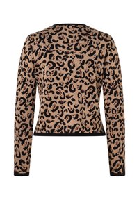 Pull court à manches longues en beige avec un motif léopard noir, présentant une bordure noire autour de l'encolure et des poignets.