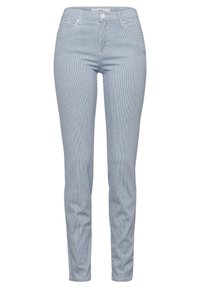 Světle modré pruhované denimové džíny s úzkým střihem, které mají zapínání na knoflík, pět kapes a jemnou texturu látky.