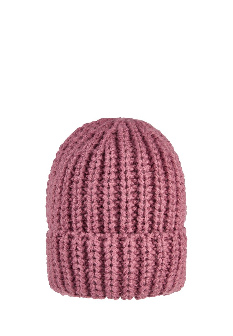 Pink knitted beanie with a ribbed texture and rolled cuff, made from thick yarn, featuring vertical lines and a soft finish.
