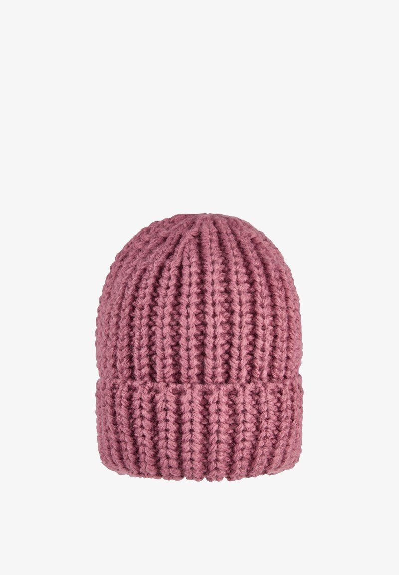 Rosa gestrickte Mütze mit geripptem Muster und umgeschlagenem Bund, aus dickem Garn gefertigt, mit vertikalen Linien und weicher Oberflächenstruktur.