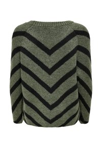 Grüner Strickpullover mit strukturiertem Finish, versehen mit schwarzen Chevronstreifen und einem runden Halsausschnitt. Lange Ärmel, lässiger Schnitt.
