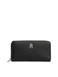 Black pebbled leather wallet with zip closure, featuring a silver logo emblem. Rectangular shape with textured surface and sturdy stitching.