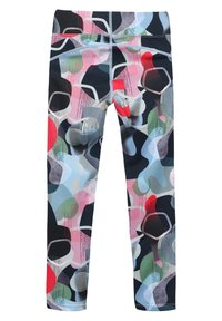 Leggings with a colorful abstract pattern in shades of black, pink, red, green, blue, and gray, featuring geometric shapes and lines.