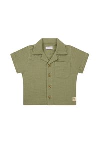Koszula krótki rękaw z kołnierzykiem w oliwkowym kolorze, z teksturowanej tkaniny, pięcioma drewnianymi guzikami oraz kieszenią z logo palmy.