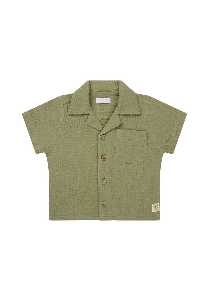 Koszula krótki rękaw z kołnierzykiem w oliwkowym kolorze, z teksturowanej tkaniny, pięcioma drewnianymi guzikami oraz kieszenią z logo palmy.