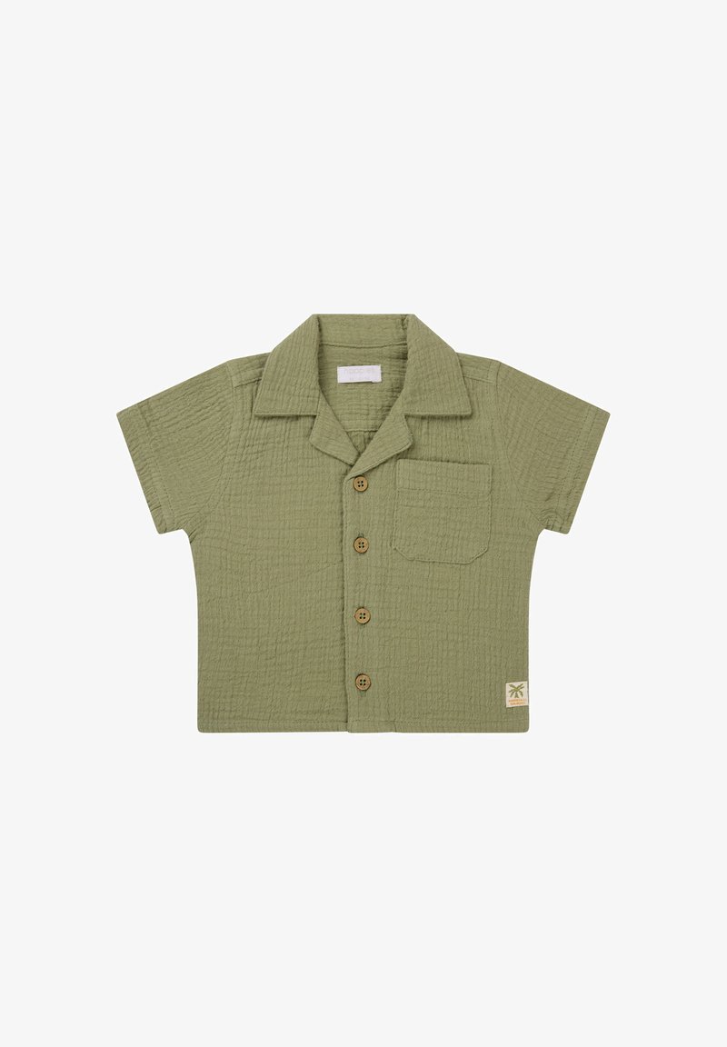 Koszula krótki rękaw z kołnierzykiem w oliwkowym kolorze, z teksturowanej tkaniny, pięcioma drewnianymi guzikami oraz kieszenią z logo palmy.