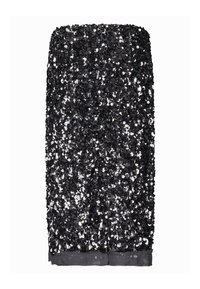 Czarna spódnica pokryta cekinami, o prostym kroju, z gładką podszewką przy dolnej krawędzi oraz błyszczącej, odbijającej światło fakturze.