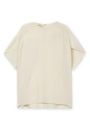 Kurzärmlige Bluse in Cremefarbe mit rundem Ausschnitt und kleinem Reißverschluss am Rücken, gefertigt aus leichtem Stoff.