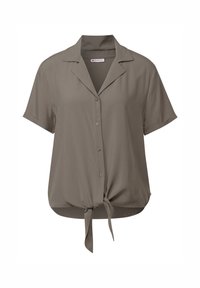 Camicia a maniche corte con bottoni di colore taupe, dotata di colletto a scollo, orlo anteriore annodato e una texture della stoffa liscia.