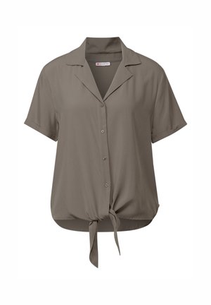 Kurzärmliges Hemd in Taupe mit einem eingeknöpften Kragen, gebundenem Frontsaum und einer glatten Stofftextur.