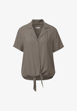 Korte mouwen blouse in taupe kleur, met een notch-kraag, gestrikt voorpand en een gladde stoftextuur.