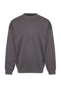 Grå bomulds sweatshirt med rund hals, sænkede skuldre og ribstrikkede manchetter. Glat tekstur, minimalistisk design og ingen synlige mønstre.